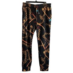 Women’s Black Stretch Plus Size 3X Pants With Retro Gold Chain Print